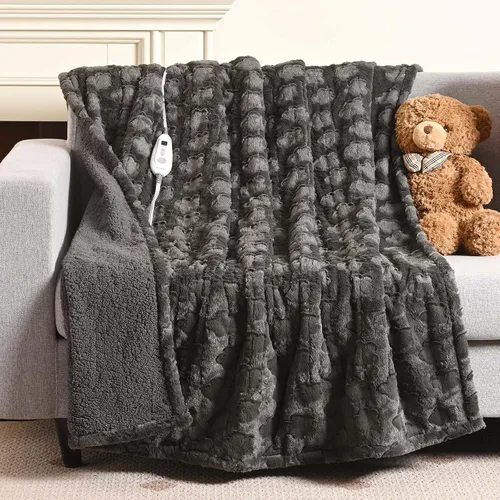 Bearhug - Manta eléctrica de 50 x 60 pulgadas, manta eléctrica con motivos florales grises de pelo sintético y sherpa cálido, temporizador de