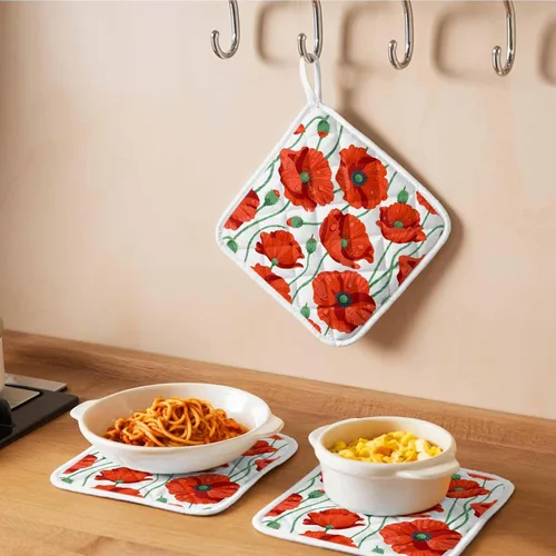 Miniatura 6 de Paquete de 2 soportes para ollas para cocina, flores de amapola naranja, a prueba de calor, con lazo para colgar, soportes para ollas calientes