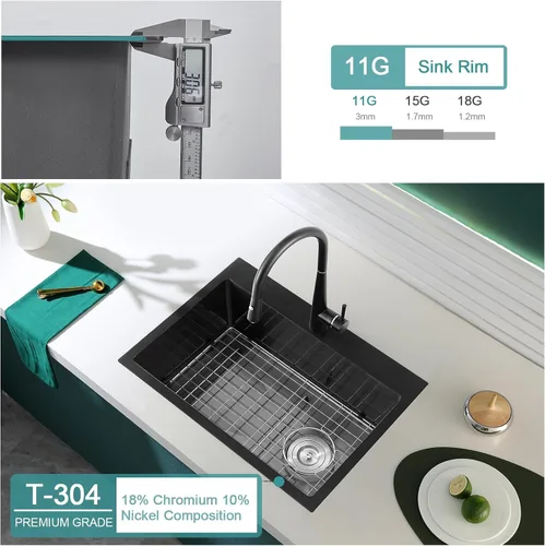 Miniatura 5 de Fregadero de cocina negro empotrable de 22 pulgadas de un solo tazón, fregadero de cocina de montaje superior con rejilla inferior protectora