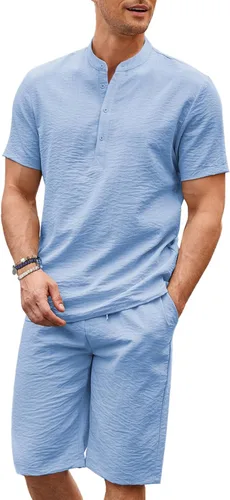 COOFANDY Conjunto de 2 piezas de lino para hombre, camisas Henley casuales de manga corta, pantalones cortos de yoga para playa, pantalones cortos
