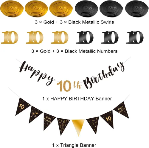 Miniatura 2 de Kit de decoración de cumpleaños número 10, pancarta de feliz décimo remolino, banderines triangulares para decoraciones de fiestas, negro y dorado