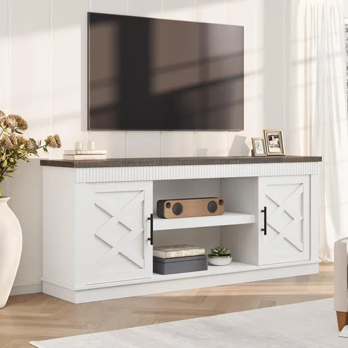 GarveeHome Soporte de TV de granja para televisores de 70/75 pulgadas, centro de entretenimiento de 65 pulgadas de largo con 2 puertas y estante de