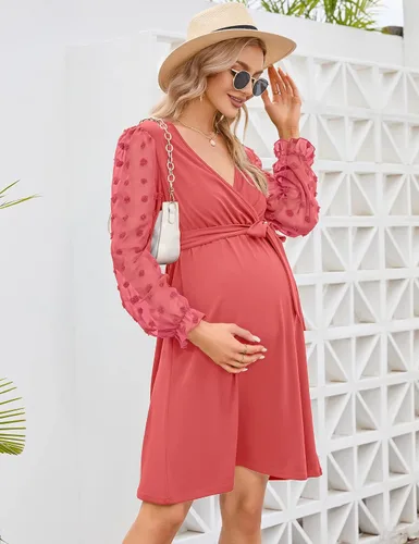 Miniatura 2 de Vestido de maternidad de manga larga con lunares suizos, cuello en V, para otoño, casual, bohemio, vestido midi para baby shower, sesión de fotos