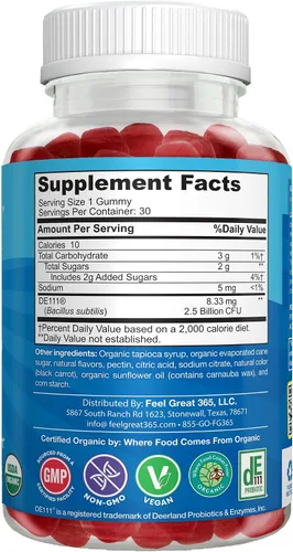 Miniatura 8 de Feel Great USDA - Gomitas probióticas orgánicas para niños, probióticos masticables de fresa para salud digestiva y apoyo inmunológico, probióticos
