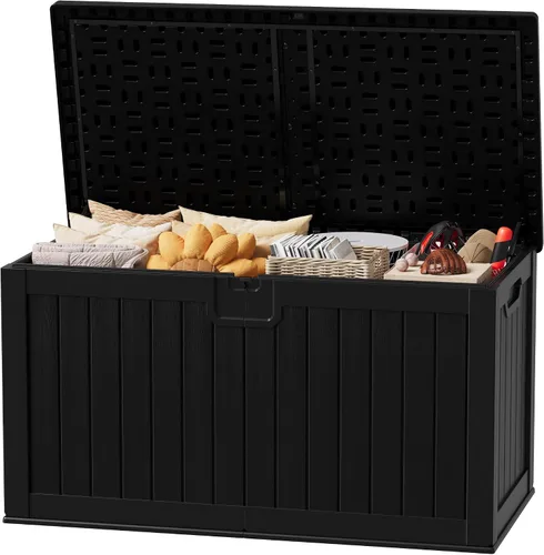 Miniatura 38 de JUMMICO Caja de resina de 31 galones, cajas de almacenamiento impermeables para interiores y exteriores para muebles de patio, cojines y Negro