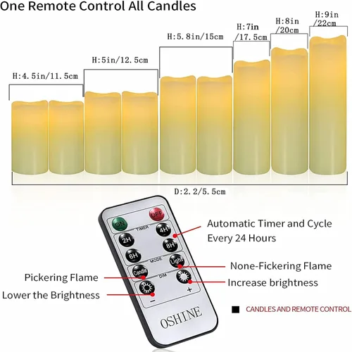 Miniatura 6 de OSHINE Vela LED sin llama, funciona con pilas, juego de 9 pilares parpadeantes con control remoto de 10 teclas y temporizador de 24 horas, velas