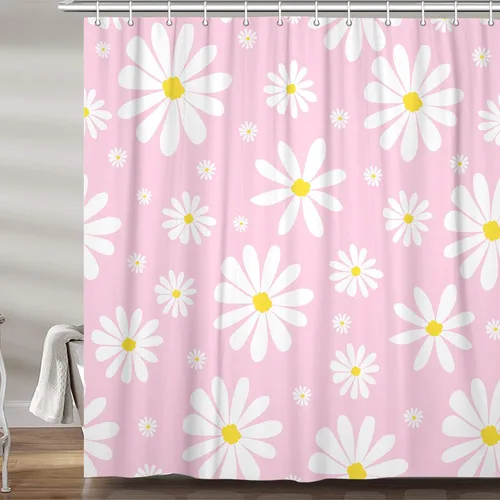 Miniatura 6 de Cortina de ducha con diseño floral de margaritas azules para caravana, remolque, baño, lindo juego de cortinas de ducha de tela estrecha y corta