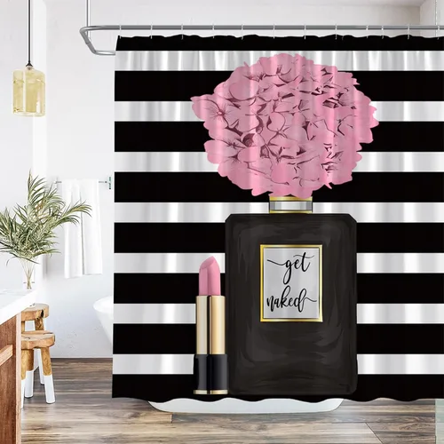 Miniatura 8 de Cortina de ducha negra con diseño de flores para niña, mujer, pintalabios, encantadora decoración de baño, juego de baño con gancho, 36 pulgadas