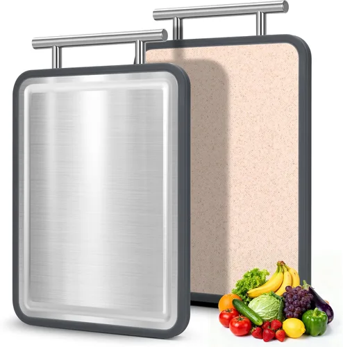 Tabla de cortar pequeña de acero inoxidable de 8 x 10 pulgadas, tabla de cortar de acero de doble cara para cocina, paja de acero y trigo, tabla de