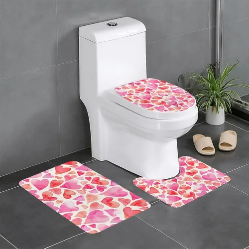 Miniatura 17 de Juego de 3 alfombras de baño con diseño de tulipanes rosados con fondo de madera, antideslizantes, con patrón de resorte, extra suaves y absorbentes