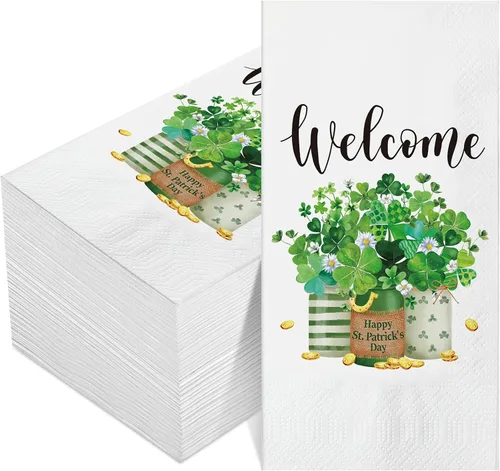 Outus 100 servilletas del día de San Patricio, tréboles de bienvenida, toallas de papel para invitados, toallas de mano verdes, tréboles para el