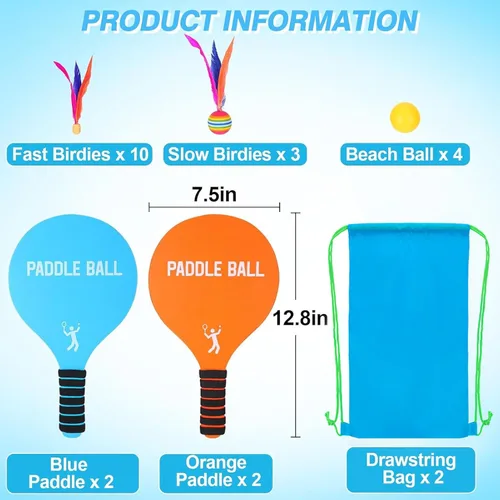 Miniatura 7 de Juego de 2 juegos de pelota de remo de juguete para juegos de playa, divertido juego de raquetas de paddleball, juguetes deportivos al aire libre