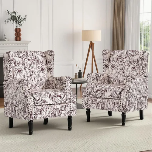 Miniatura 53 de Silla de Acento de Respaldo Alto, Sillón Tapizado en Tela para Sala de Estar, Sillón Wingback con Estampado Floral con Patas de Madera Maciza, Sofá