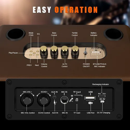 Miniatura 9 de Máquina de karaoke RHM S8, compatible con 3 micrófonos y ajuste de graves/agudos/eco/alto, 6 modos de música, 8H de tiempo de reproducción