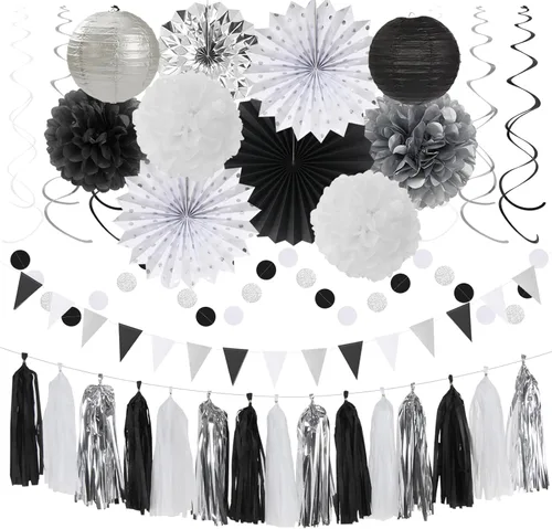 Kits de decoración para fiestas negro blanco-plata - 33 piezas, banderas, guirnaldas con borlas para graduación, pompones de papel de seda tipo
