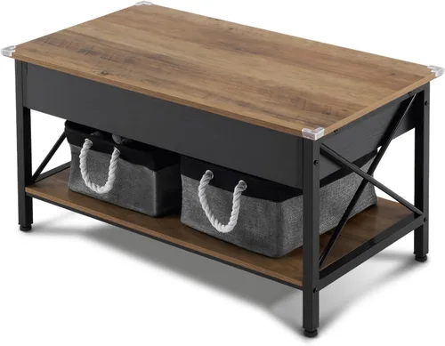 Miniatura 6 de VINGLI Mesa de centro elevable de 36" con contenedores de almacenamiento de tela gratis, mesas de centro negras rústicas de granja para sala