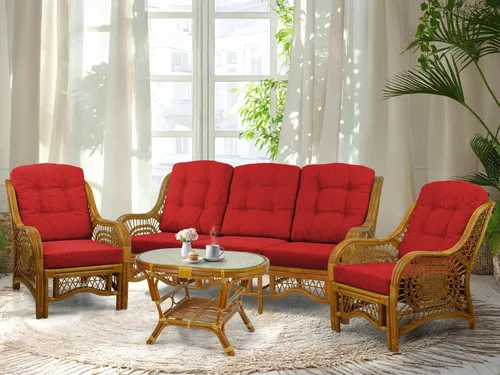 Miniatura 27 de Malibu Lounge Juego de 4: 2 sillas de mimbre de ratán natural, sofá de tres plazas con cojines marrón claro y mesa de centro con vidrio hecho a