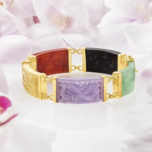 Miniatura 4 de Ross-Simons Pulsera de dragón de jade multicolor con oro de 18 quilates sobre ley, Gema, jade