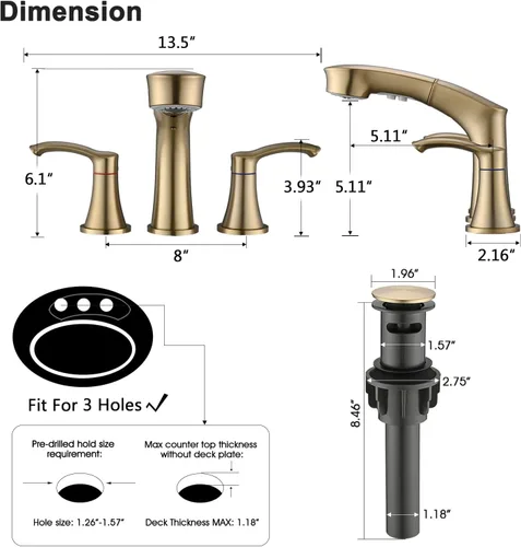 Miniatura 7 de Grifo de baño de 3 agujeros con rociador extraíble, grifo de baño de 8 pulgadas, grifo de tocador de dos manijas con líneas de suministro cUPC
