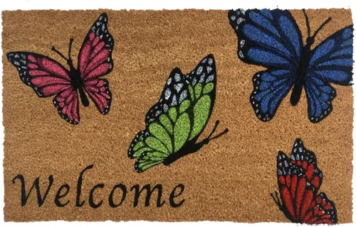 Briarwood Lane Felpudo de fibra natural de fibra de coco con diseño de mariposas de bienvenida