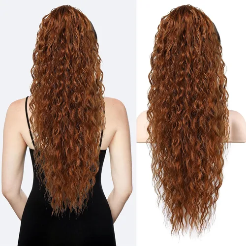 Miniatura 18 de Flufymooz Extensión de cola de caballo, 26 pulgadas, estilo bohemio, con cordón, extensiones de cabello para mujer, cola de caballo larga, rizada