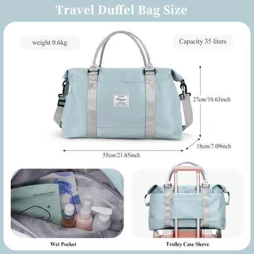 Miniatura 5 de Bolsa de viaje para mujer, bolsa de fin de semana con bolsillo húmedo y manga de carrito, bolsa de mano deportiva para gimnasio, C-azul pálido