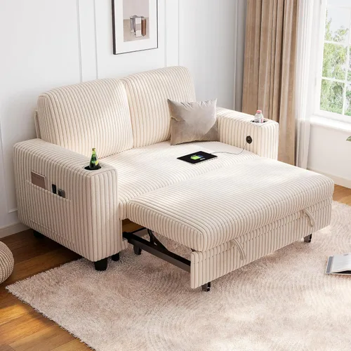 Miniatura 49 de LINSY HOME Sofá cama modular extraíble para sala de estar (beige, sofá cama 1) Sofá cama extraíble, almacenamiento, carga USB, portavasos, pana