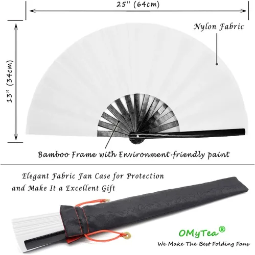 Miniatura 2 de OMyTea Ventilador de mano plegable grande de bambú para hombres y mujeres, ventilador de mano chino japonés de Kung Fu Tai Chi con funda de tela