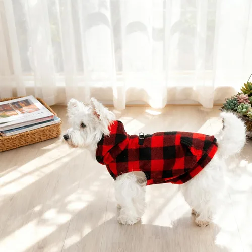 Miniatura 7 de EXPAWLORER - Sudadera de forro polar con capucha para perros, chaleco de suéter a cuadros para mascotas, ropa de otoño e invierno con anillo