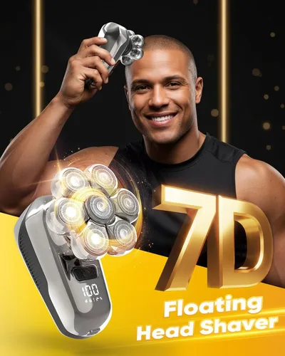 Miniatura 4 de Afeitadora de cabeza para hombres calvos, afeitadora flotante 7D de cabeza calva 5 en 1, maquinilla de afeitar eléctrica húmeda/seca con pantalla