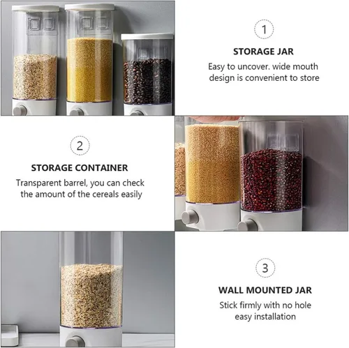 Miniatura 8 de Kichvoe Tarro de almacenamiento montado en la pared 1.5L dispensador de grano transparente para cocina ahorro de espacio organizador de alimentos a