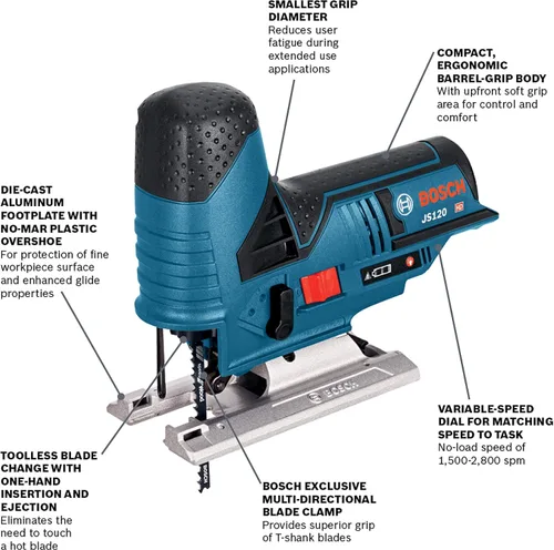 Miniatura 2 de Bosch JS120N Sierra de calar de agarre de barril de 12V Max, inalámbrica, velocidad variable, cambio de hoja de sierra sin herramientas