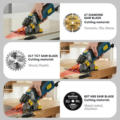Miniatura 6 de Enventor Mini sierra circular, sierra circular eléctrica mejorada de 5A/600 W, con cable con guía láser, 5,500 RPM, 3 hojas de sierra compactas