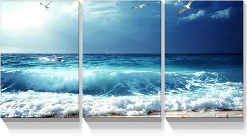 Miniatura 11 de YONICA Lienzo decorativo de 3 paneles para decoración del hogar, mar azul, puesta de sol y playa, pintura, impresión sobre lienzo, paisaje marino