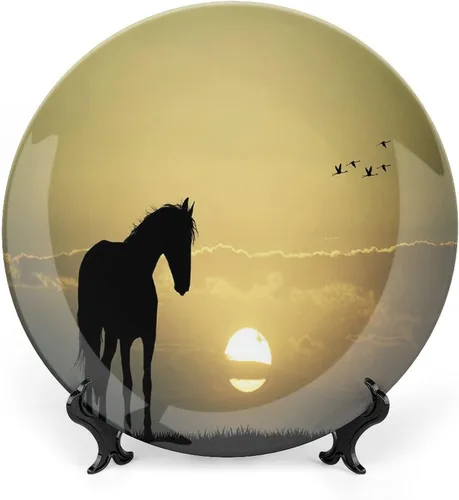Miniatura 11 de XISUNYA Plato decorativo de 6 pulgadas, plato de cena de decoración de caballo, galope de semental friesio negro en puesta de sol tormentoso, placa