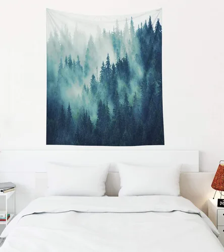 Miniatura 65 de EMMTEEY Tapiz de pared con bosque - Árbol de pino verde y niebla, arte de pared natural, 80x60 pulgadas, tapiz grande de estilo bohemio para sala