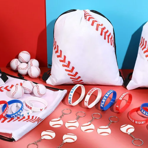 Miniatura 6 de LEIFIDE 48 piezas de regalos de fiesta de béisbol, 12 juegos de pulseras de silicona con cordón, mini pelotas de estrés, llaveros para béisbol