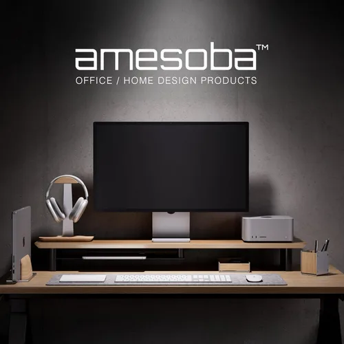 Miniatura 3 de amesoba - Configuración de escritorio ergonómico de dos niveles en roble blanco – Soporte moderno de monitor de madera y elevador de espacio
