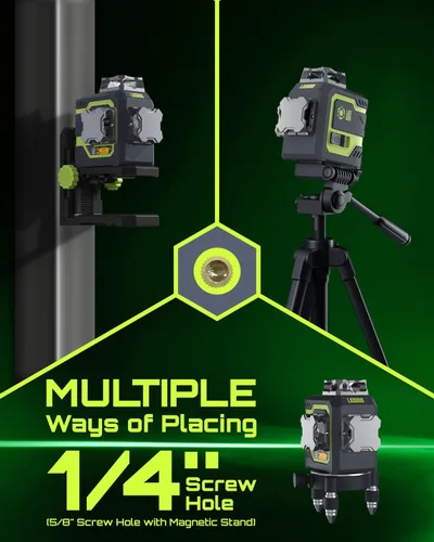 Miniatura 7 de LasGoo LG-3D Nivel láser autonivelante 3 x 360°, láser de línea cruzada con haz verde 3D para construcción y colgar cuadros, 2 baterías recargables