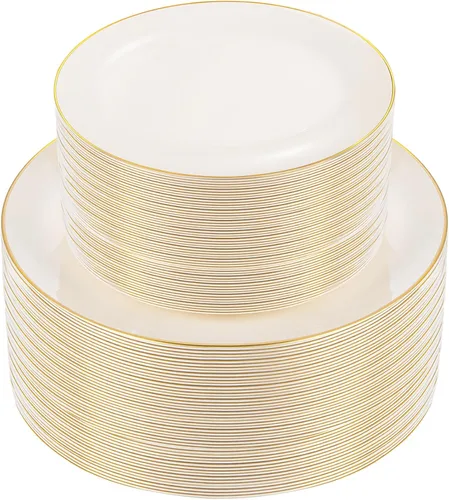 Miniatura 19 de PULOTE 100 piezas de platos de plástico verde - Platos desechables verdes con borde dorado - Incluye 50 piezas de cena de 10.25 pulgadas, 50 piezas