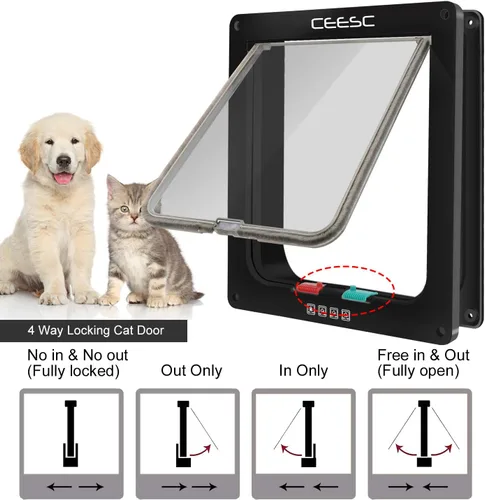 Miniatura 3 de CEESC Puerta para gatos extragrande (tamaño exterior 11 x 9.8 pulgadas), puerta grande para gatos con bloqueo de 4 vías para puertas interiores