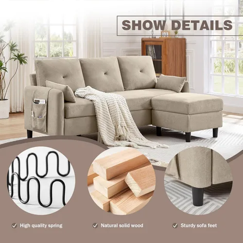 Miniatura 3 de Sofás Seccionales Convertibles de 77", Sofá en Forma de L de 3 Asientos con Chaise de Almacenamiento y Almohadas Removibles, Sofá Pequeño de Tela