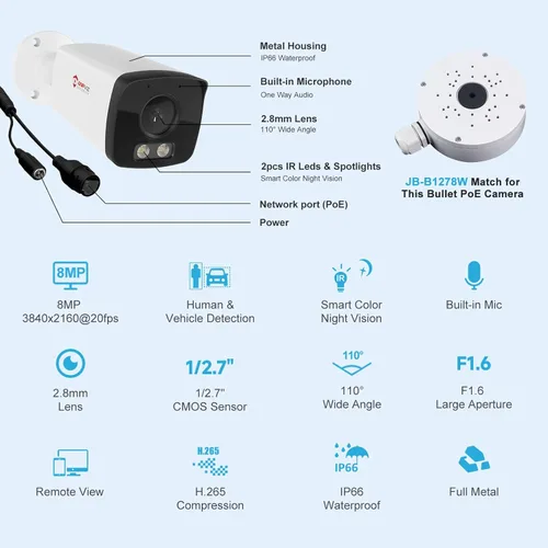Miniatura 6 de Anpviz Cámara bala IP PoE 4K con visión nocturna inteligente de doble color de luz de 100 pies, cámara IP de seguridad de 8 MP para interiores