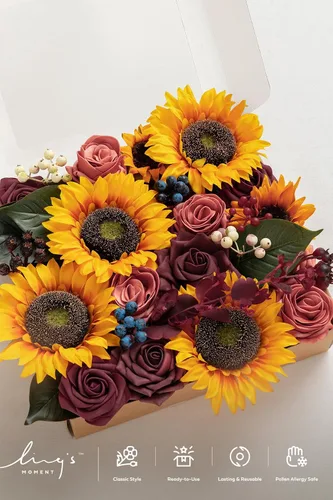 Miniatura 5 de Ling's moment Caja de Flores Falsas, Tallos de Follaje Artificial Falso, Rosas de Espuma, Bayas de Seda, Girasol, Flor de Tela para Centros de Mesa