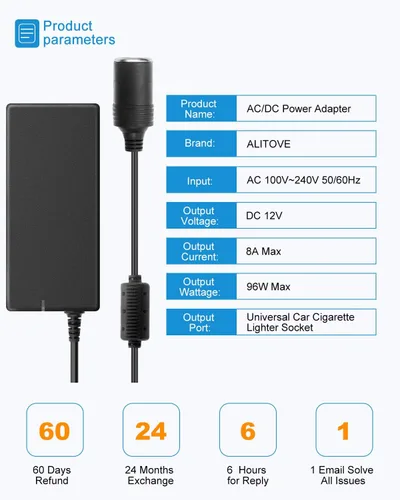Miniatura 2 de ALITOVE Convertidor de CA a CC de 12 V, 8 A, 96 W, 100 V-240 V a 12 V, adaptador de fuente de alimentación, enchufe para encendedor de cigarrillos