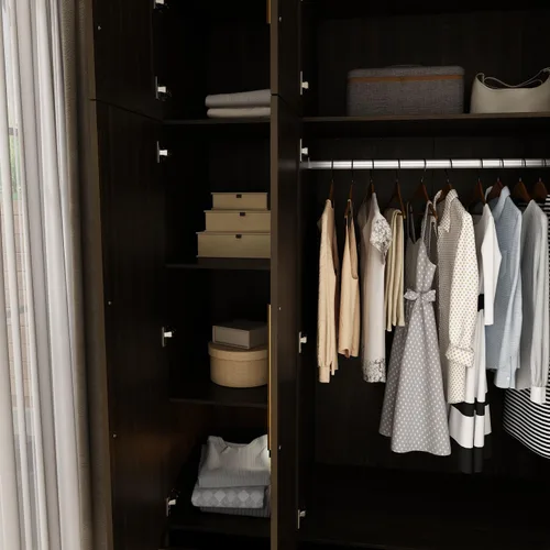 Miniatura 4 de Armario con espejo, Armario de 3 puertas con 4 cajones, estantes, barra para colgar, Armario moderno para dormitorio con asas doradas, gabinete