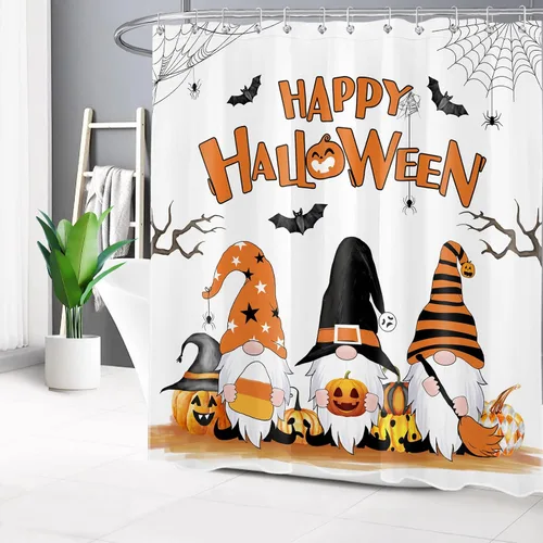 Miniatura 4 de HVEST Cortina de ducha de Halloween, linterna de calabaza y gnomo, cortina de ducha de baño, cortina de ducha de murciélago y araña, decorativa