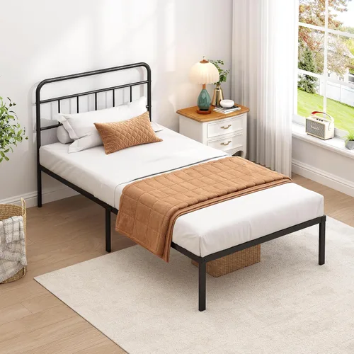 Base de cama individual con cabecera clásica, soporte de listones de metal resistentes, espacio de almacenamiento debajo de la cama, no necesita