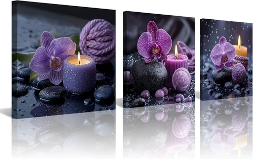 Miniatura 19 de NAN Wind 3 piezas de arte de pared de orquídea azul, piedras de spa zen, impresión en lienzo, gotitas de agua, naturaleza muerta, botánica