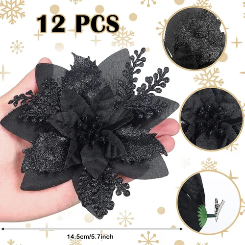 Miniatura 3 de Canlierr 12 piezas flores de Pascua de Navidad de 5.7 pulgadas con purpurina, flores artificiales con clips, adorno de árbol de Navidad para corona